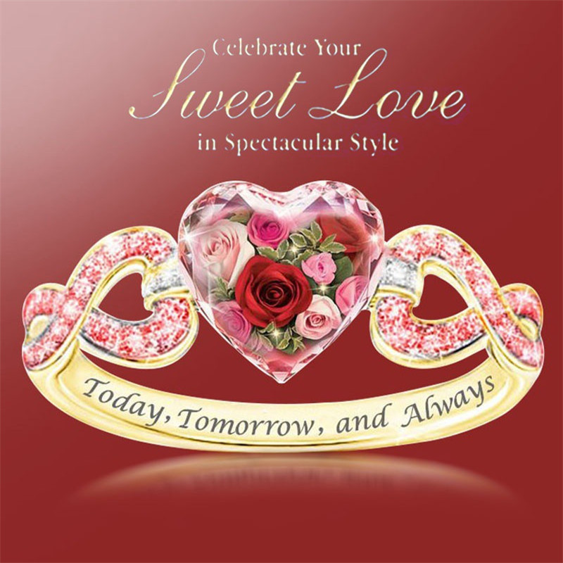 Spot Cross-Border Hot-Selling Environmentally Friendly Alloy Pink Gemstone Rose Heart-Shaped Garland Engagement Ring Valentine's Day Gift