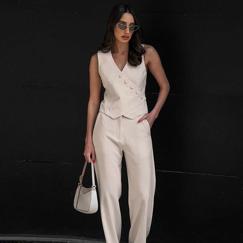 Women's Clothing commuting apricot cotton and linen vest vest wide leg pants two piece suit female 2024 summer deconstruction design suit_voghion.com