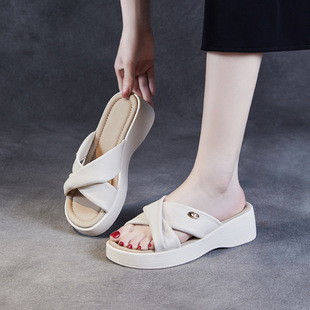 Sheepskin Cross Slippers Women's Summer New Genuine Leather Flat Sandals Thick Bottom Comfortable Cloud All-Match Beach Shoes
