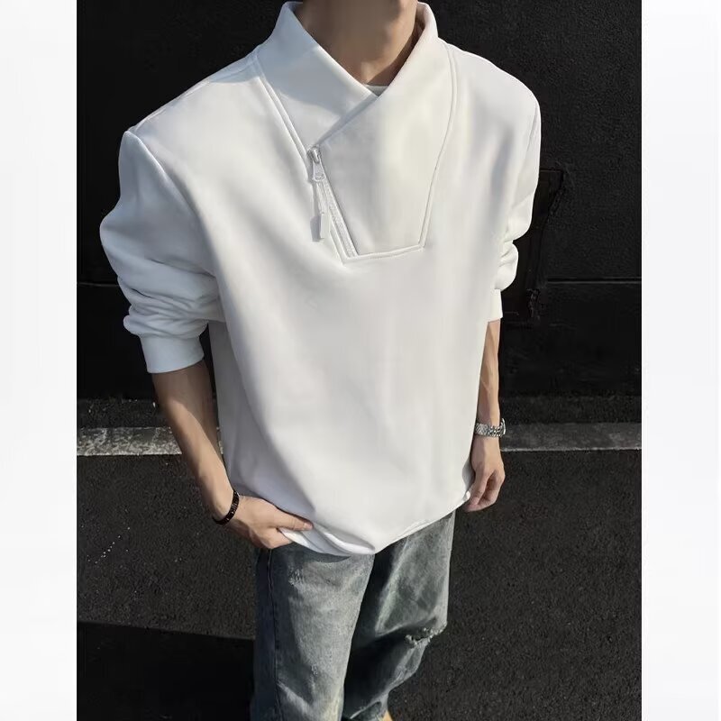 American-Style Diagonal Zipper Fleece-Lined Thick Sweatshirt for Men, Winter Regular Shoulder Long-Sleeve T-Shirt, Gray High-Neck Base Layer American-Style Diagonal Zipper Fleece-Lined Thick Sweatshirt for Men, Winter Regular Shoulder Long-Sleeve T-Shirt, Gray High-Neck Base Layer