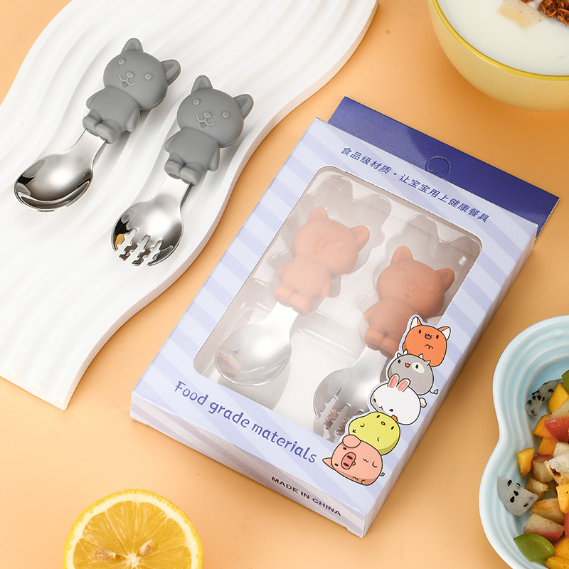 Children's silicone tableware suit baby learning to eat training cartoon spoon short handle baby food supplement silicone spoon Fork