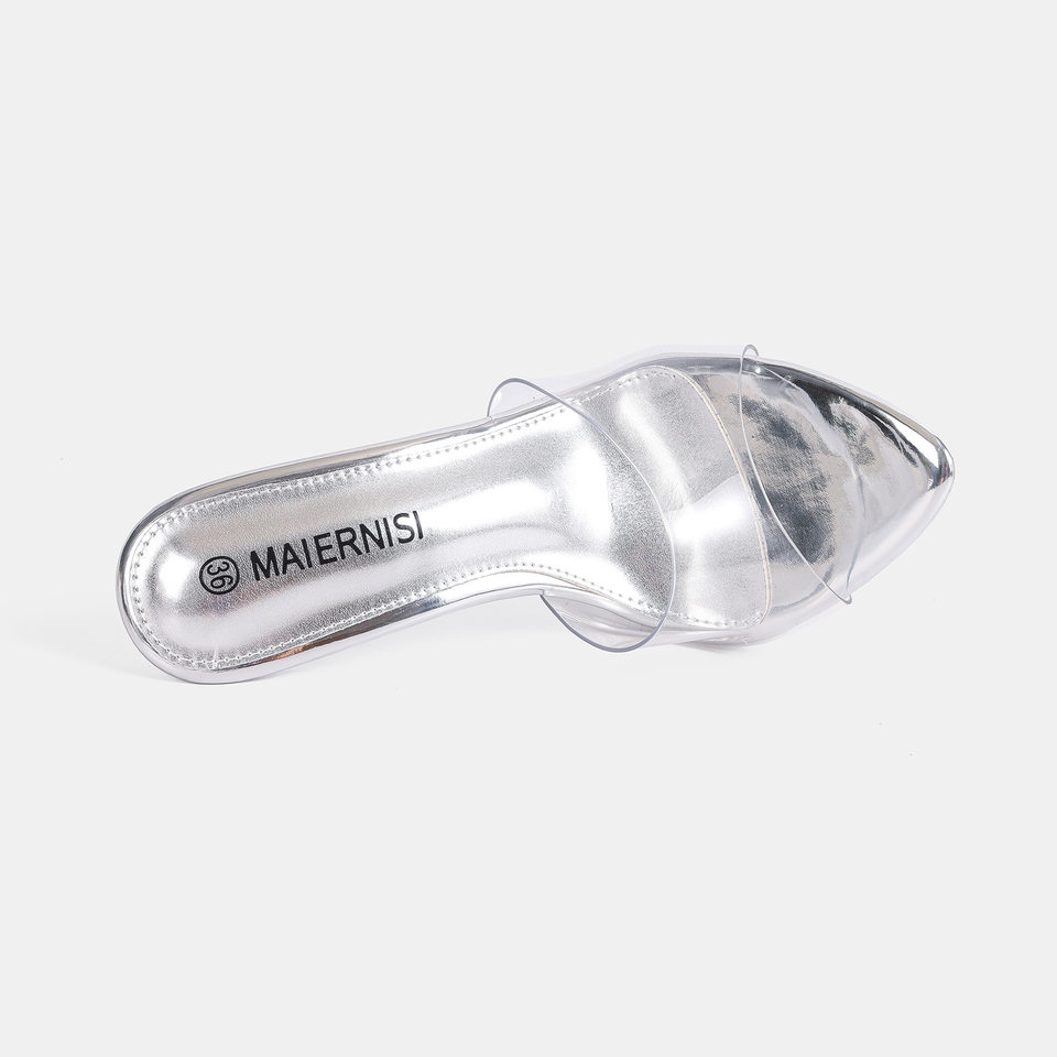 Giày sandal nữ mũi nhọn quai ngang trong suốt, gót nhọn siêu cao — Màu be, Màu bạc, Màu trắng, Màu tím chi tiết 3