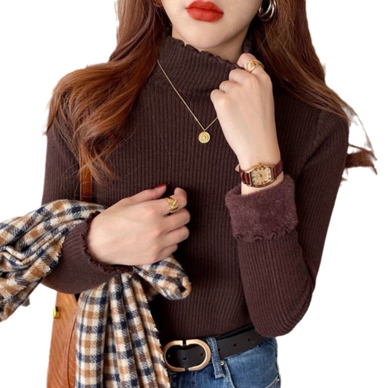 Otoño e invierno nuevo forro polar engrosado de terciopelo de una pieza suéter de mujer medio cuello alto color sólido interior estilo occidental suéter de fondo moda femenina