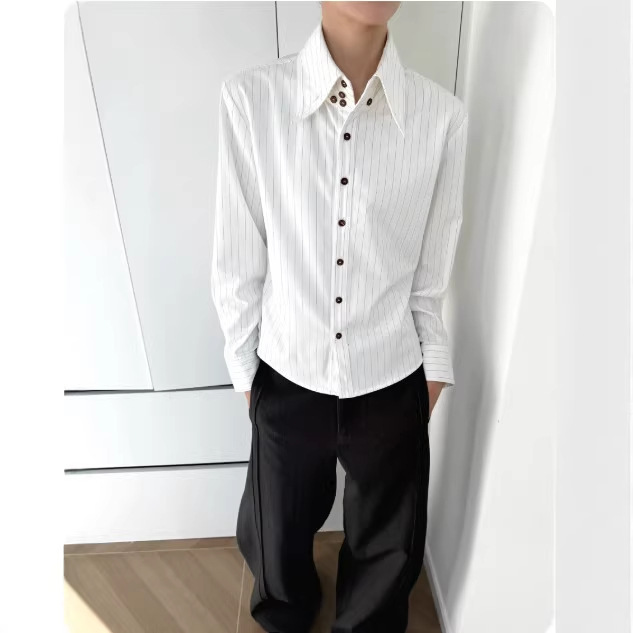 British Gentleman Style Spring New Striped Shirt for Men, High Collar, Regular Shoulder Design, All-Season Business Long-Sleeve Shirt British Gentleman Style Spring New Striped Shirt for Men, High Collar, Regular Shoulder Design, All-Season Business Long-Sleeve Shirt
