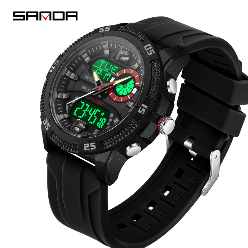 Sanda SANDA Reloj deportivo Reloj electrónico luminoso multifuncional de doble pantalla Reloj despertador Moda Reloj para estudiantes masculinos y femeninos 3372