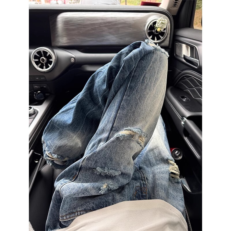 Lightning Ripped Jeans Men's Summer Thin Straight-Leg Loose American High Street Pants Trendy Brand Handsome Street Micro-Flared Pants