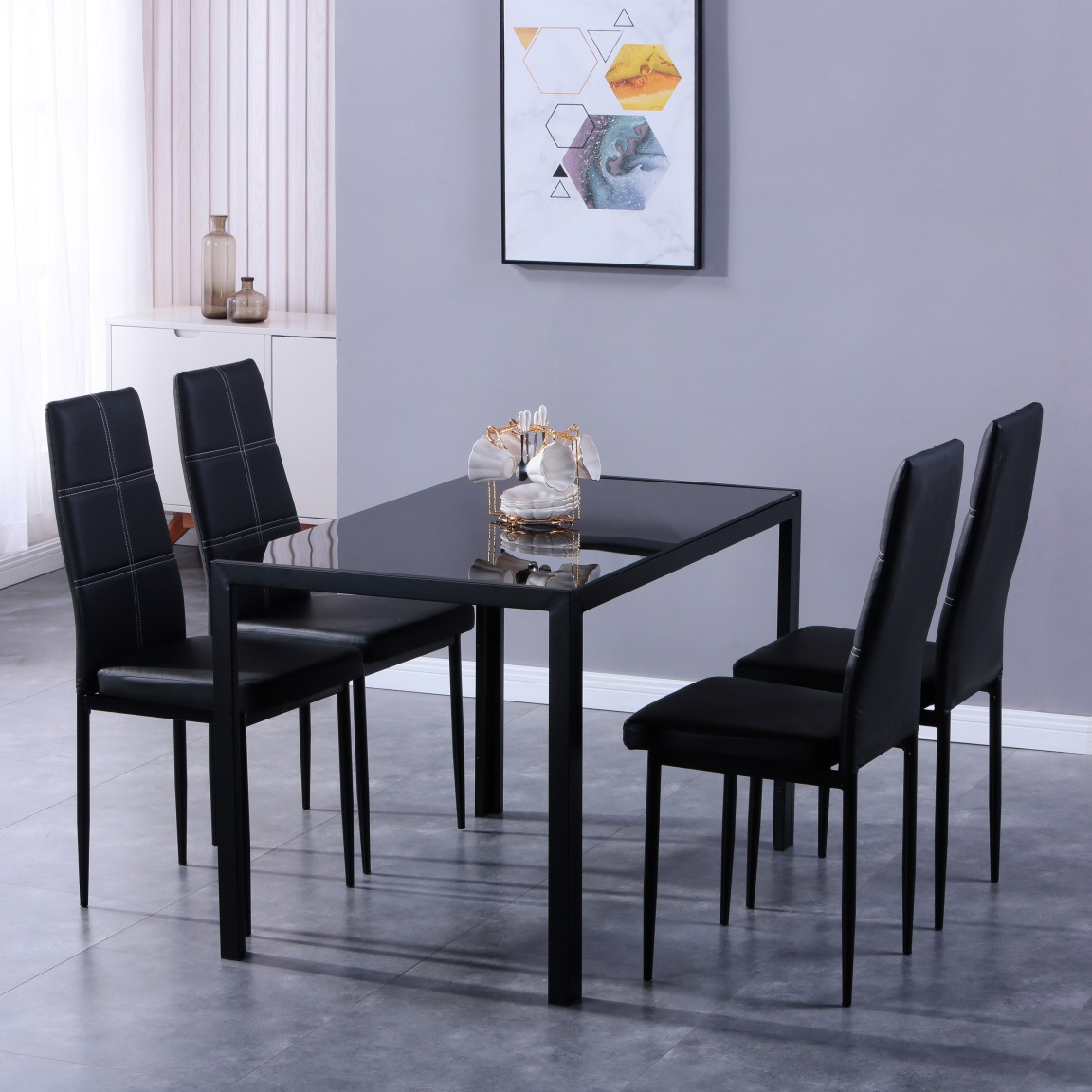 Exportación de vidrio temperado comedor mesas y sillas de comedor, mesa y sillas de cafeteria de ocio, mesa y sillas combinadas, área de negociación de recepción