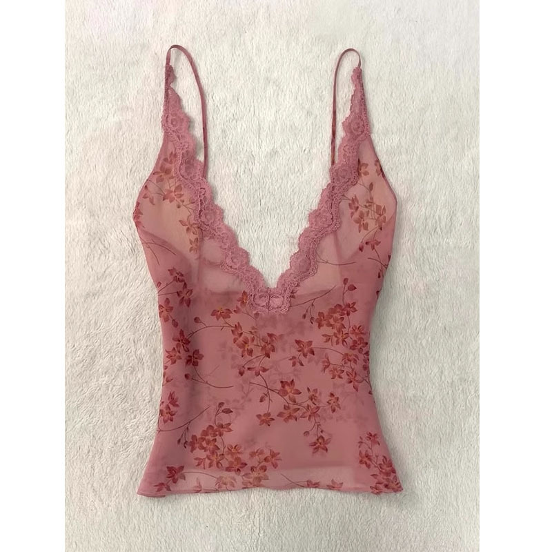 怒推！外贸单品质，红色蕾丝吊带绝美碎花上衣女夏季du特漂亮背心|undefined