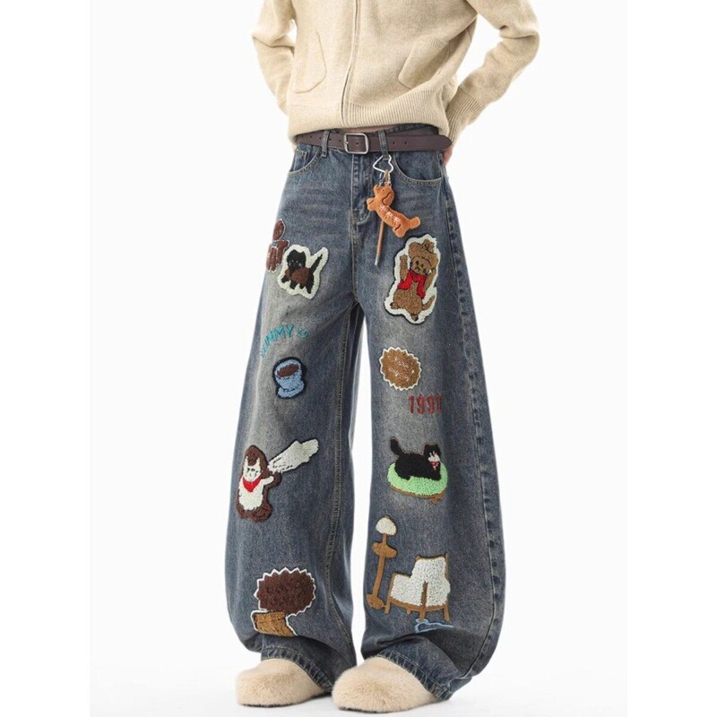 Nini American-Style Cartoon Embroidered Denim Jeans for Men, Winter Trendy Design Wide-Leg Pants, Floor-Length Trousers