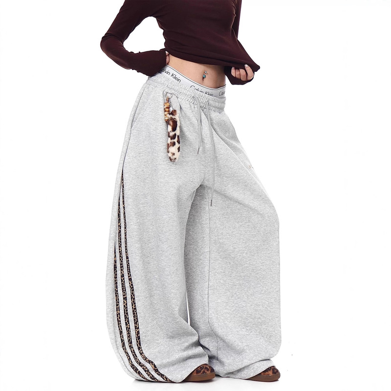 Vintage American-Style Leopard Print Striped Patchwork Wide-Leg Sweatpants for Women Winter Hip-Hop Jazz Dance Scimitar Pants
