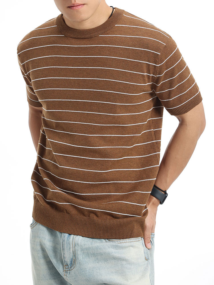 T-shirt de manga corta de punto a rayas de hombre verano de cuello redondo blusa de color contrastante de negocios casual versátil blusa de punto hombre