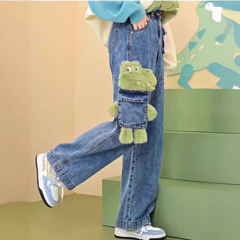 Cute and Fun Original 3D Plush Denim Straight-Leg Loose Washed Pants Trendy Cool 2026 New Model