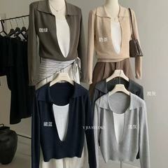 韩版高级感洋气气质简约显瘦百搭长袖拼接假两件撞色针织衫上衣女