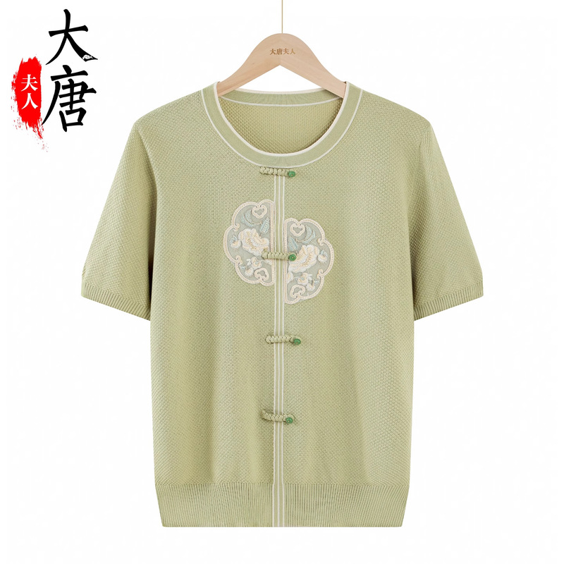 Grandma's Summer Knitwear for Middle-Aged and Elderly Women, Short-Sleeve T-Shirt, New Chinese Style for Ladies and Mothers Grandma's Summer Knitwear for Middle-Aged and Elderly Women, Short-Sleeve T-Shirt, New Chinese Style for Ladies and Mothers