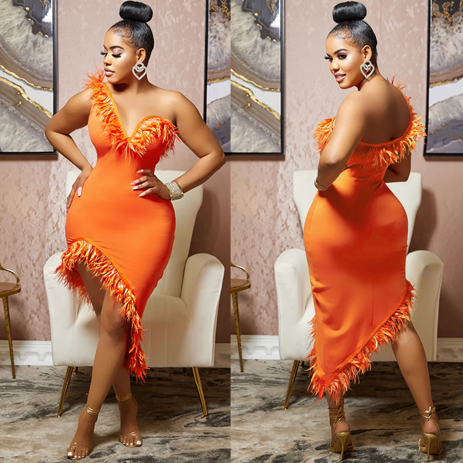 Abito da sera di Capodanno da donna in tinta unita con scollo a V, senza maniche, gonna a portafoglio e piume irregolari_voghion.com