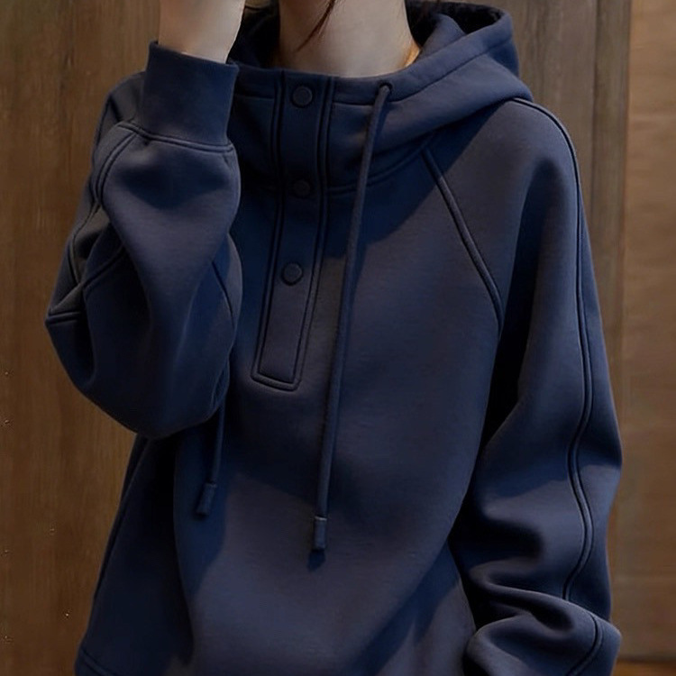 Blue hooded sweatshirt for women, autumn fashion, age-reducing, slimming, loose, casual, inner and outer wear, pullover hoodie