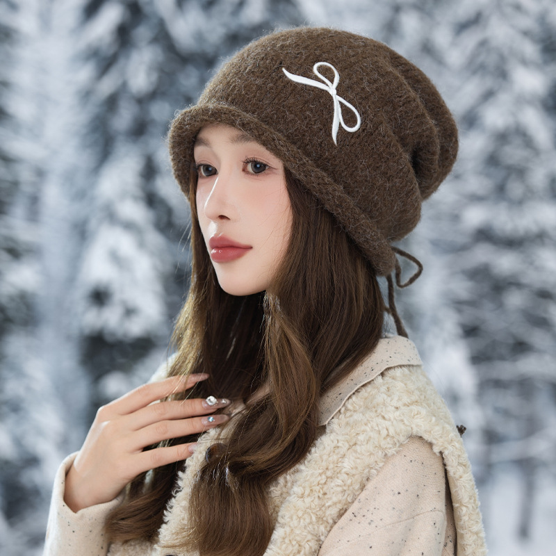 帽子女秋冬可爱蝴蝶结刺绣毛线帽加绒防寒保暖帽休闲百搭抽绳冷帽|undefined