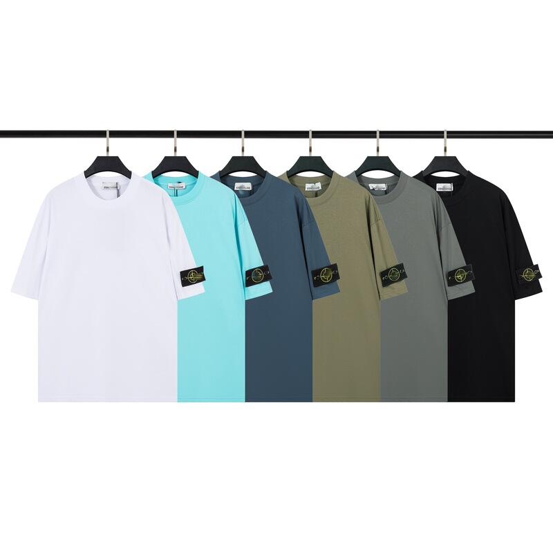 Cross-Border Stone2025 Spring/Summer Stone Armband Solid Color Round Neck Cross Letter Short-Sleeve T-Shirt One-Piece Dropshipping Island