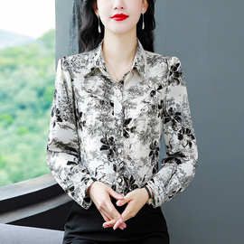 印衬衫女上衣2024夏新款女士印花气质显瘦衬衣长袖女