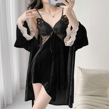 2024新款丝绒蝴蝶蕾丝性感睡裙睡袍两件套带胸垫纯欲风居家睡衣