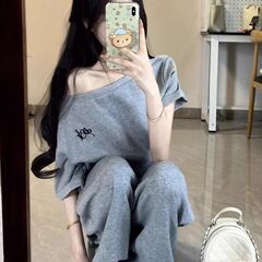 2025 夏カジュアルスポーツスーツ韓国スタイルの女性のショートウエスト斜めショルダートップハイウエストワイドレッグパンツ 2 点セット # 913