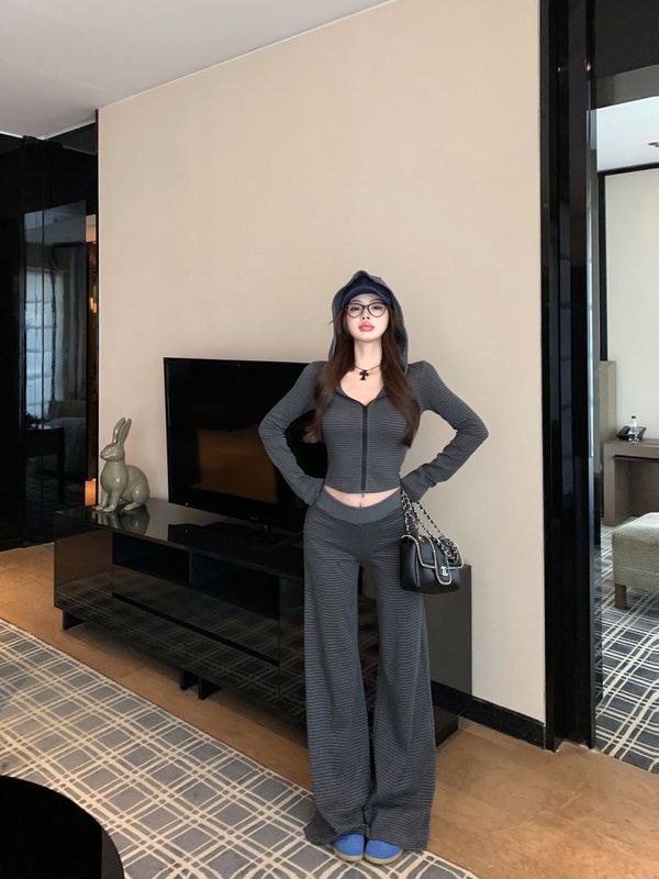 慵懒风复古连帽长袖卫衣外套女秋季条纹套装阔腿裤休闲裤子两件套|undefined