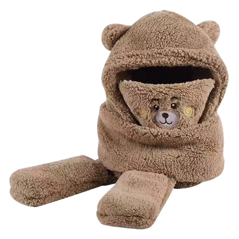 Autumn and Winter Hat New Cute Warm Mask Bear Hat Integrated Neck Scarf Gloves Popular Versatile Plush Four-In-One