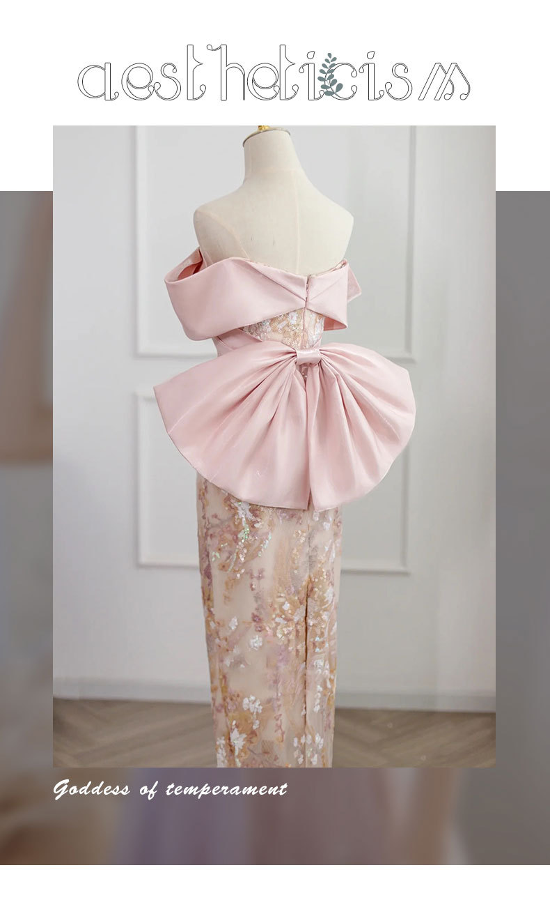 Pink Off-The-Shoulder Evening Gown Elegant Sequined Banquet Dress Slim Fit Unique Bride Toast Dress for Engagement Party Wear_ecoleips.com