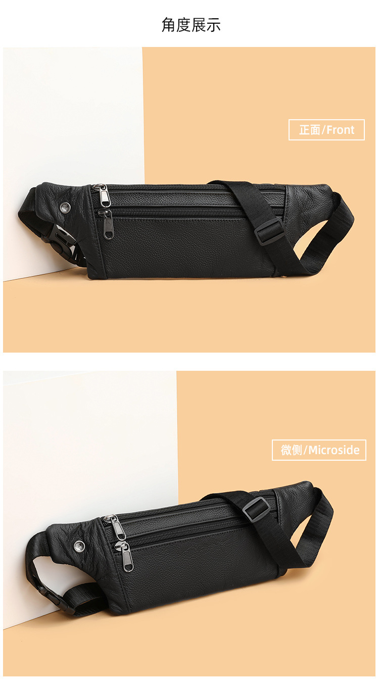 94g Weight Polyester Lining Material Sewing Thread Fashion Element Zipper Closure Type Sling Strap Strap Type Fanny Pack Bags Type Casual Occasion Genuine leather Material Solid Color Pattern All Seasons Season Men's Gender Streetwear Style Square Shape Men's Streetwear Solid Color Genuine Leather Men's Waist Bags 2