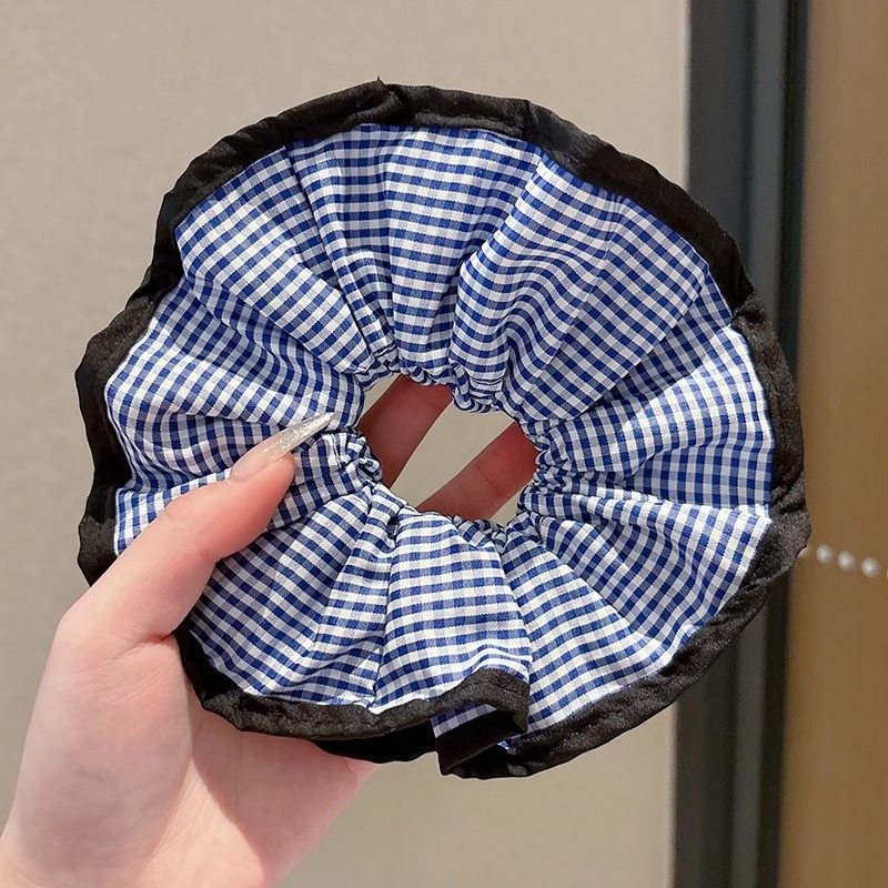 Tela de doble capa de lazo para el cabello de intestino grueso a cuadros azules, estilo coreano perezoso, lazo para el cabello retro, temperamento, tocado de goma