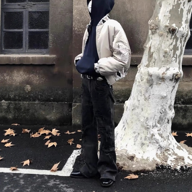 Heavy-Duty Boro Embroidery Distressed Double-Layer Patch Flared Jeans Vintage Slim-Fit Baggy Pants