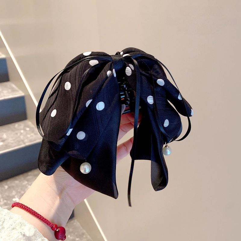 韓国ファッション水玉サテンポニーテールクリップフラワー大型グリッパー女性のレトロハイエンド新しいヘアアクセサリー|undefined