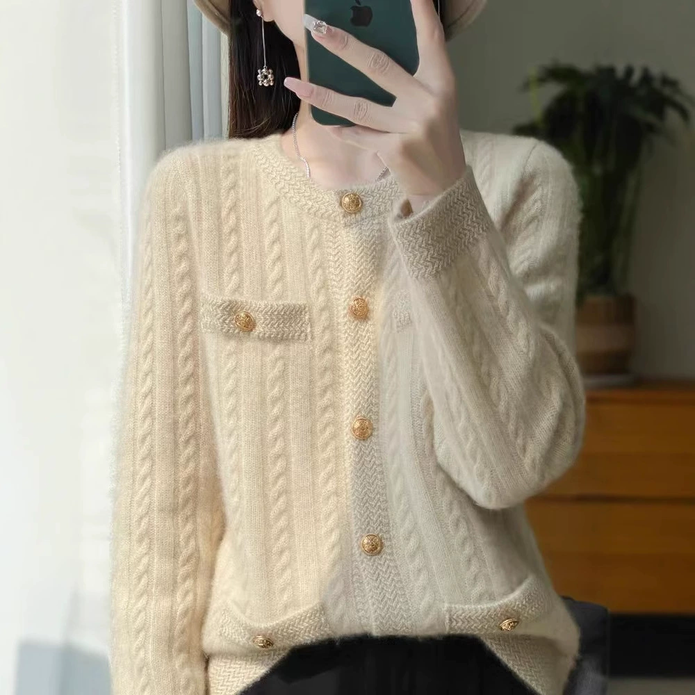Оптовая продажа маленький ароматный ветер шерстяной кардиган женский осенний и зимний новый трикотажный свитер куртка дикая четыре на нижней части
