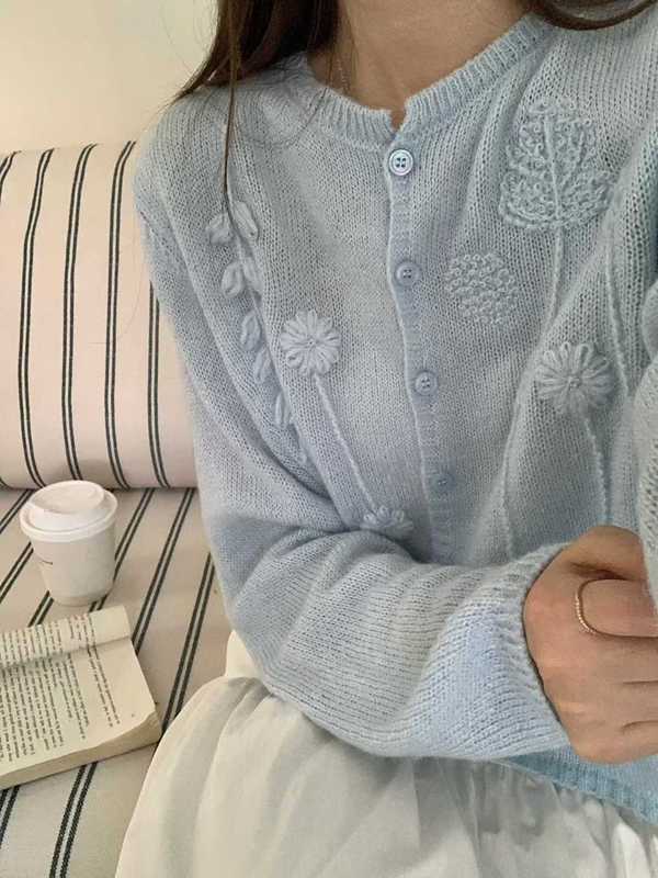 软糯立体刺绣小香风圆领针织开衫女秋季减龄百搭时尚宽松毛衣上衣|undefined