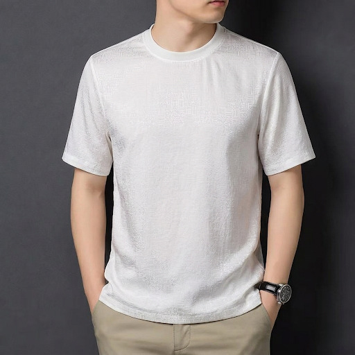 Áo thun nam tay ngắn lụa Mulberry Silk mùa hè, phong cách trẻ trung thoáng mát — Trắng 8876