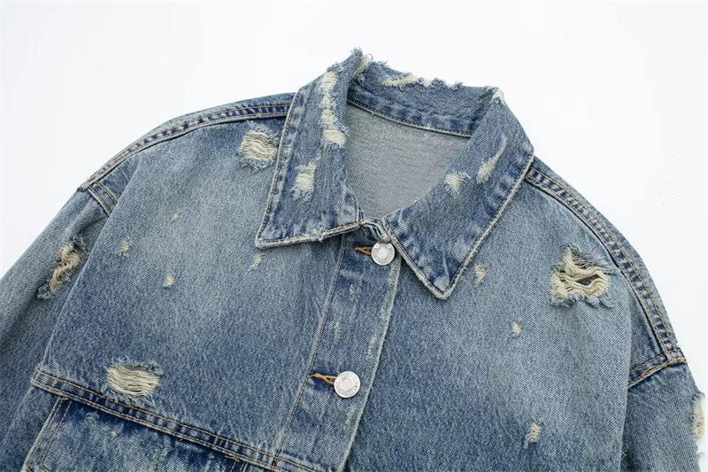 Retro Denim Jacket For Women Long Sleeved Collared Distressed Top_voghion.com