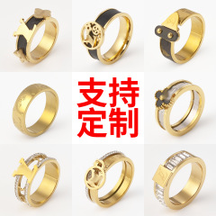 欧美跨境驴家钛钢戒指不掉色老花皮革贴皮光面镶钻排钻指环手饰