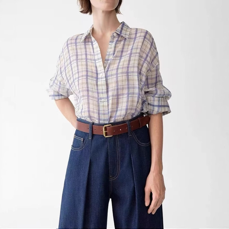 Ed New 2025 Summer 100 Ramie Shirt Women's Light, Breathable and Relaxed Wave Style Versatile Plaid Shirt
