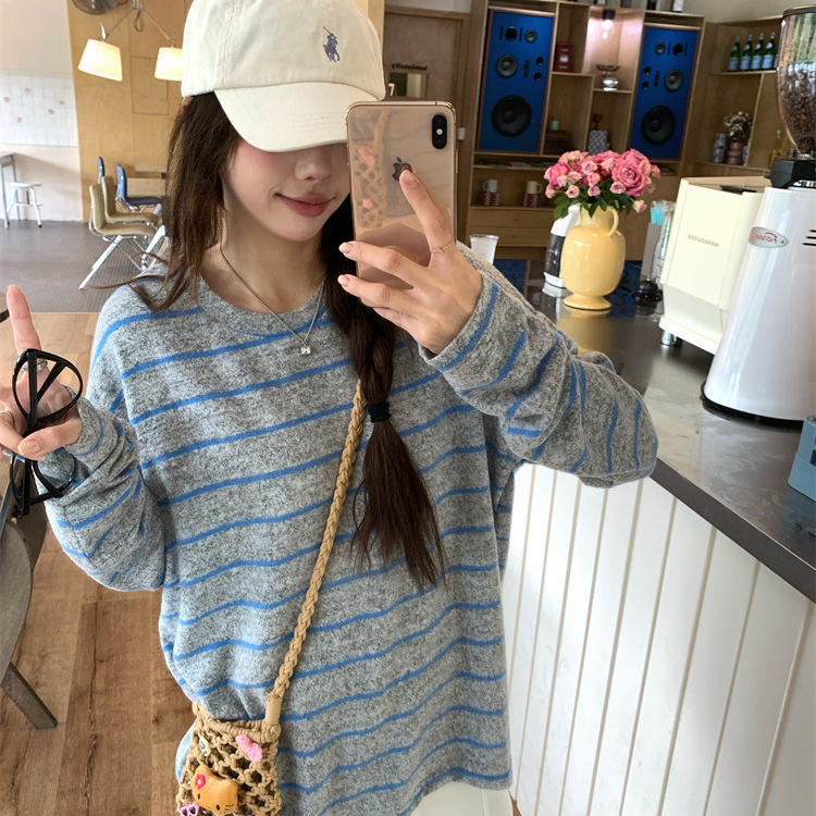 韩系慵懒风条纹圆领长袖T恤女2025秋季新款宽松百搭大码休闲上衣