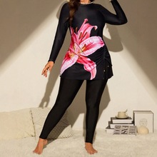 亚马逊2025新款定版印花欧美大码泳衣长袖防晒抽绳分体女式坦基尼