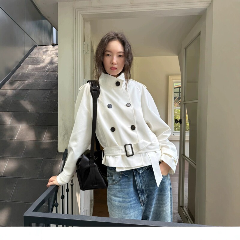 Subo Stand Collar Ultra-Short Double-Breasted Trench Coat Short Jacket