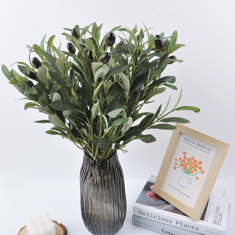 Cross-Border Popular 6-Prong Artificial Olive Leaf Artificial Green Plant Olive Leaf Green Plant Olive Branch Vase Artificial Plant