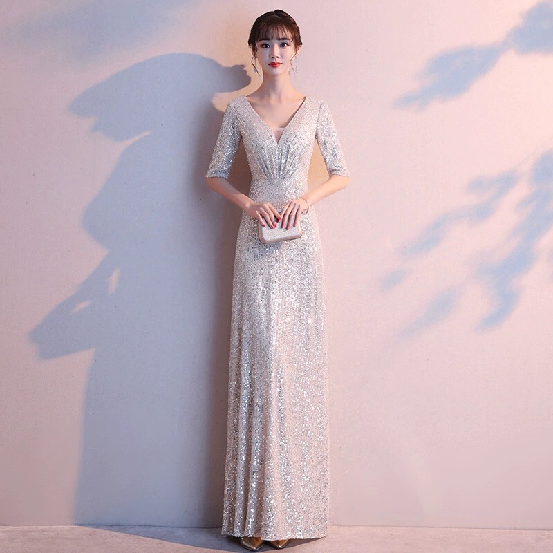 Champagne banquet evening dress women's sequined socialite temperament chorus conductor performance host dress slimming