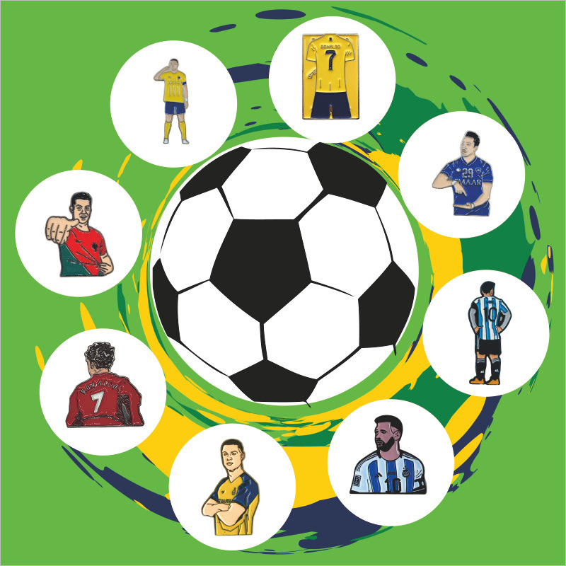 Fabricante personalizado Champions League World Cup Football Super Star Metal Insignia Imagen de dibujos animados Etiqueta del teléfono móvil Insignia Regalo