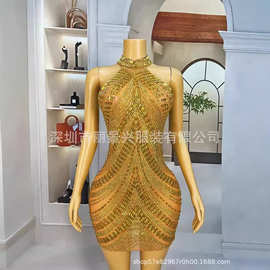 跨境演出服时尚闪亮水钻礼服修身包臀裙酒会晚会派对礼服橙丝线