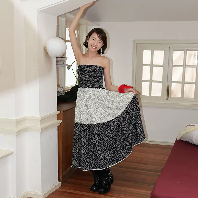 【宠粉福利】拼色花朵复古吊带裙 弹力打揽收腰方领长裙潮11070