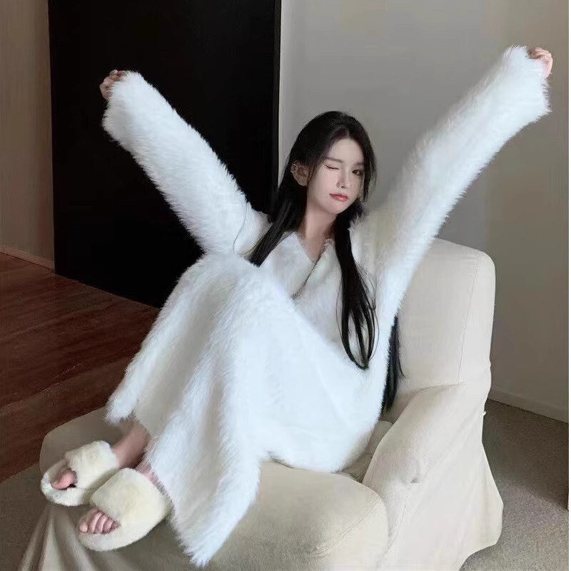 Autumn and Winter thickened long pullover sweater women's lazy style long sleeve sweater faux mink velvet over-the-knee coat fashionable top