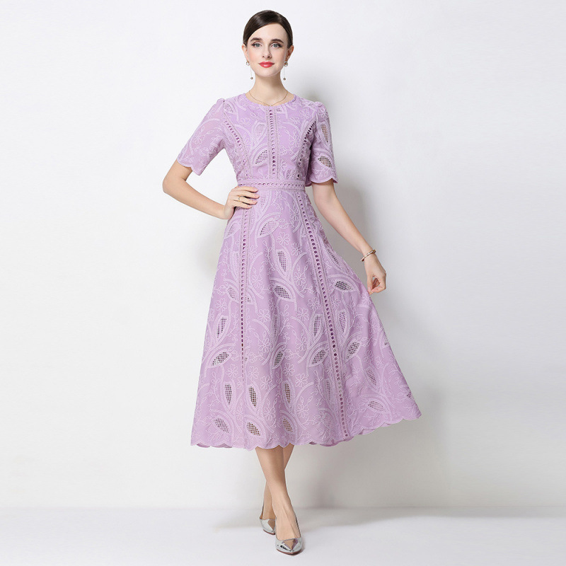 Đầm maxi nữ thắt eo cổ điển Pháp ren thêu họa tiết tay ngắn — màu đen, xanh nhạt, màu hồng, Xanh da trời nhạtcolor