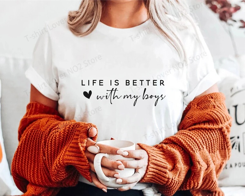 Interesting Life Is Good with My Boy Print Short Sleeve T-Shirt Mom Life Casual Shirt Summer Women's