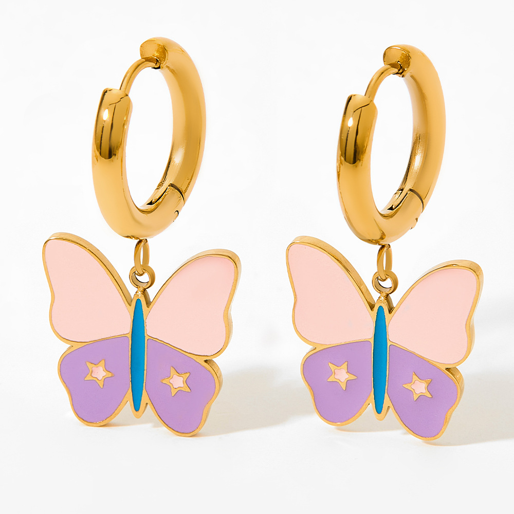 Retro Butterfly Stainless Steel Enamel Drop Earrings 1 Pair